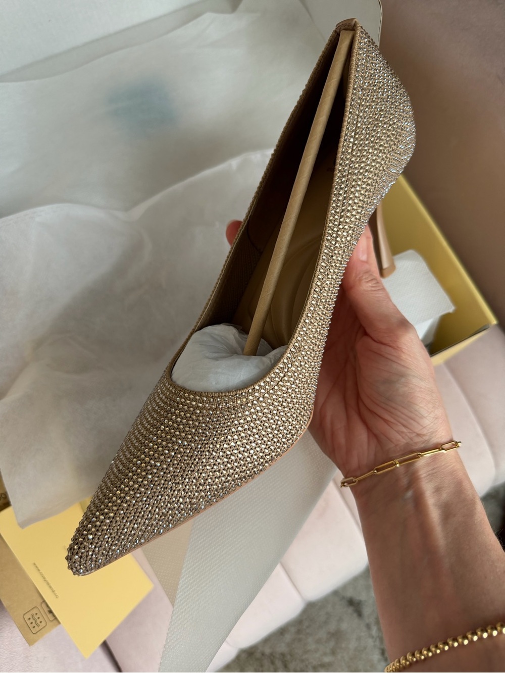 Sparkling Gold Crystal Pointed Toe Mid Heel Pump